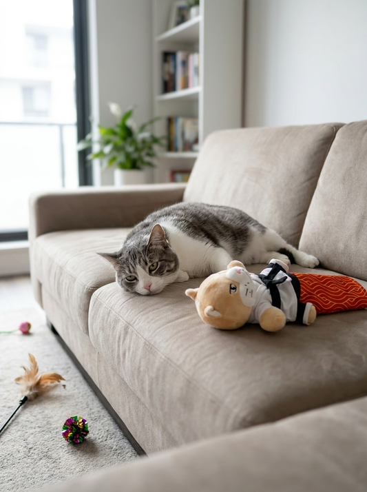 Chat d'appartement installé sur un canapé, près d'un jouet